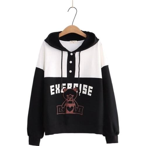 Sweet Style Bear Print Kawaii Hoodies Cotton Hooded Sweatshirt Women 2021 Winter Long Sleeve Ladies Cute Drawstring Harakuju Top