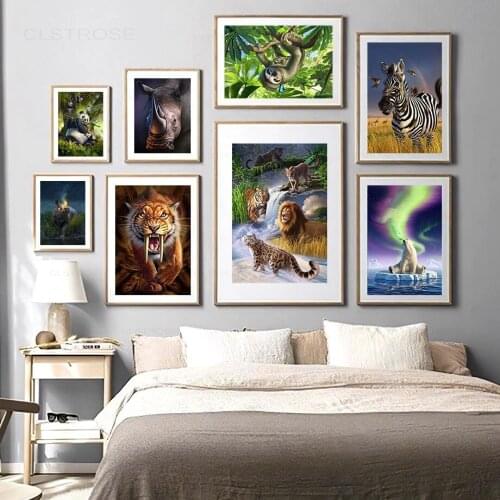 Nordic Home Decoration Poster Jungle Animal Canvas Painting Tiger Lion Zebra Bear Rhino Wall Art Pictures for Living Room