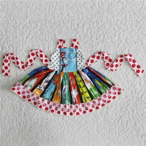 New arrival cartoon pattern dress for baby girls strap lace party dresses kids dotted birthday childrens boutique clothing