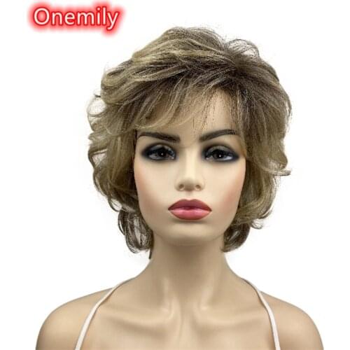 Onemily Short Wavy Curly Layered Heat Resistant Synthetic Hair Wigs for Women Girls with Bangs Party Evening Out Brown Blonde