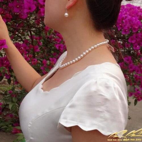 925 Ms. real natural big New genuine seawater pearl necklace 8-9mm round flawless jewelry very bright light to send mother