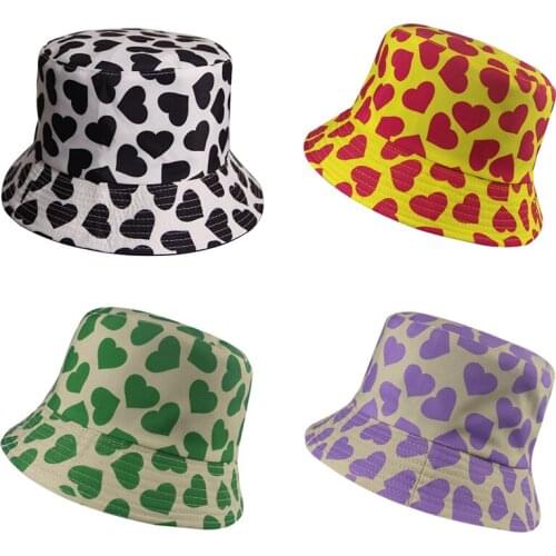 Reversible Bucket-Hats Heart-shaped Print Sunscreen Men Women Panama Hat Fashion Anti-sun Cotton Fisherman Cat
