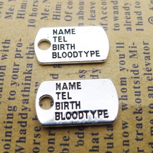 RAINXTAR Antique Silver Color Name the Birth Bloodtype Charms Alloy Message Tag Charms 10*18mm 100pcs AAC014