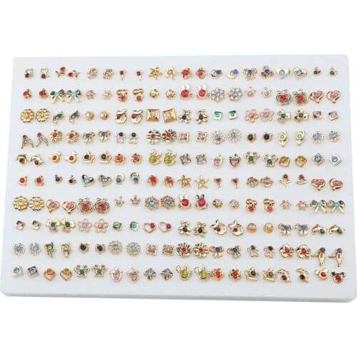 100 Pairs Women Acrylic Crystal Small Stud Earrings Sets Girl Child Heart Star Animal Moon Crown Earring Jewelry