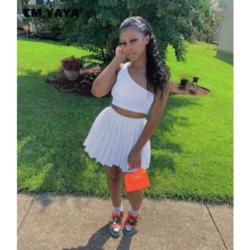 CM.YAYA Women Set Solid One Shouder Sleeveless Skew Collar Crop Tops Mini Pleat Skirt Two 2 Piece Sets Tracksuit Summer Outfit