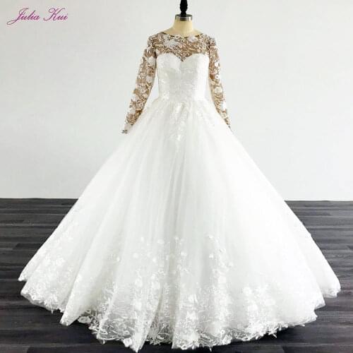 Julia Kui Full Sleeve Ball Gown Wedding Gown With Black Tulle Sparkle Lace vestido De noiva