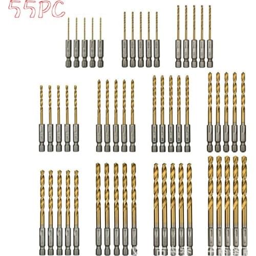 High quality 55pcs HSS hex handle titanium plated twist drill bit straight hand electrio auger tool hole metal woodworking tools