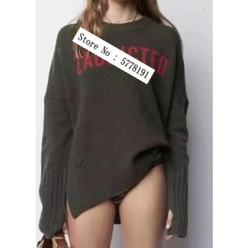2021 Autumn Woman O Neck High Oversize WOOL Sweater Front letter Jacquard Drop Shoulder Long Sleeves Jumpe