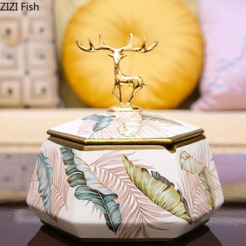 High Temperature Golden Deer Ceramics Ashtray Golden Multifunctional Storage Box Office Desk Decoration American Home Decor