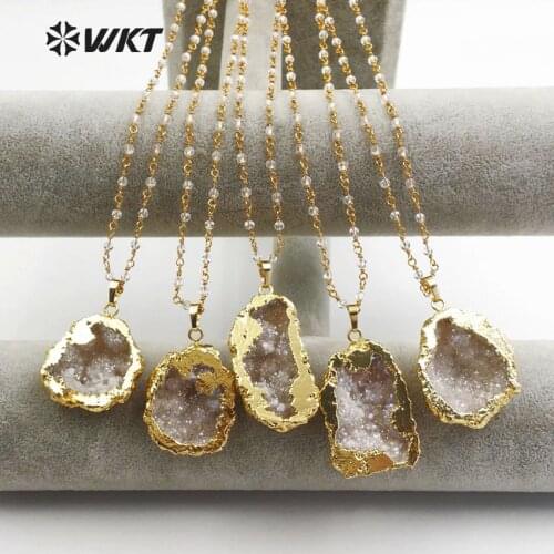 WT-N1133 NEW ARRIVALS!Beautiful women natural stone necklaces random shape aura white stone with gold metal plated rosary chain