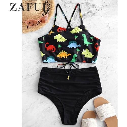 ZAFU Dinosaur Lace Up Tummy Control Tankini Swimwear Padded High Waisted Tankini Bathing Suit Ruched Animal Print Swimsuit 2020