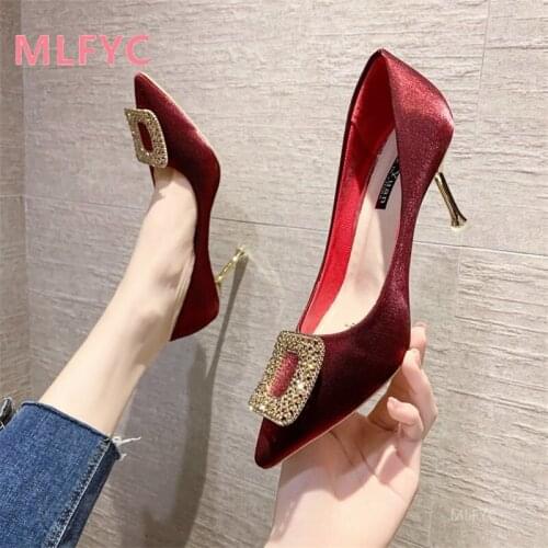 High heels female pointed toe shallow metal square buckle single shoes 2021autumn new temperament fairy rhinestone womens shoes