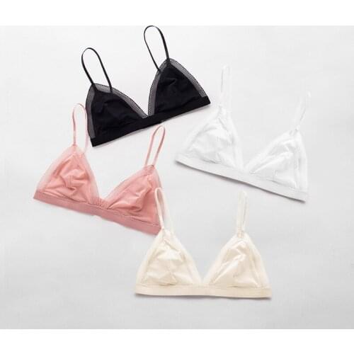 GUIYI Female 100% Silk French Triangle Cup Bra Sexy Lace Thin Without Steel Ring Without Breast Cushion Brassiere