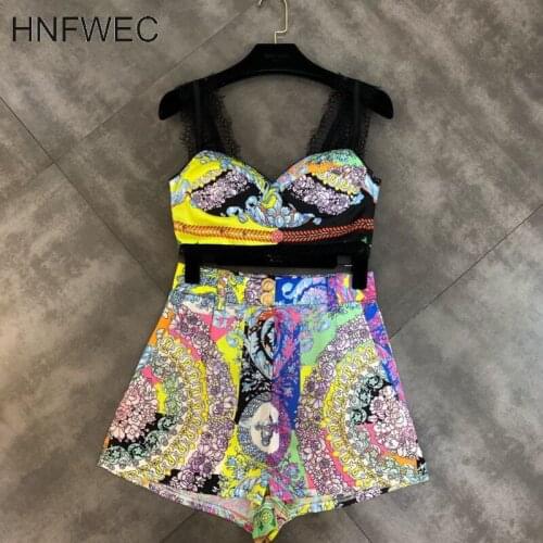 2020 Spring Summer Yellow Lace Print Floral Strapless Tank Tops Elastic Shorts Two Piece Set Women Outfits U918