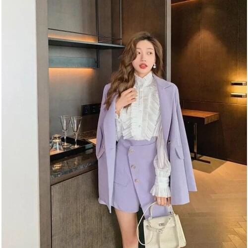 Womens 2021 New Autumn Suit Suit Jacket + Irregular Half-length Skirt Pants Two-piece Suit Blazer Dress Purple