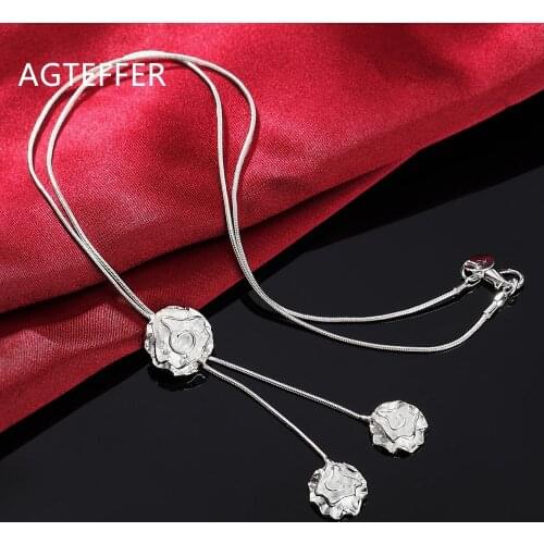 AGTEFFER 925 Sterling Silver 17 Inch Three Rose Pendant Snake Chain Necklace For Women Fashion Wedding Party Charm Jewelry