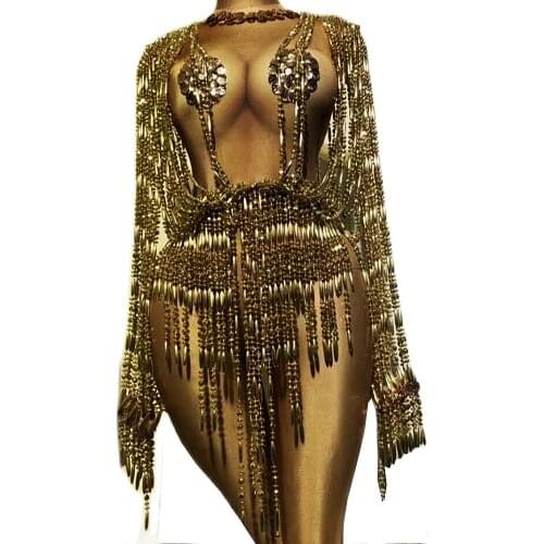 Gold Rhinestones Chain Embellished Beaded Bodysuit Women Shiny Costume For Women Nightclub Performance Clothing Stage Wear Lady