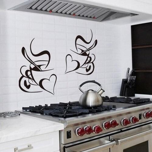 1pair Kitchen Wall Stickers Coffee Cup with Heart Sticker For Cafe Oven Dining Hall DIY Vinyl Adhesive Wall Art Decoration Decal