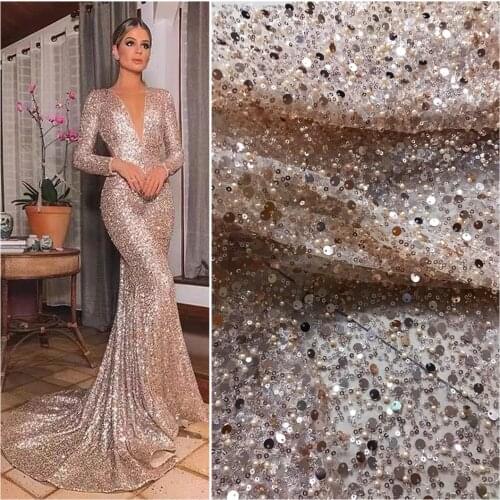 5yards/lot High quality champagne color African beads tulle lace sequins beads embroidered French net lace fabric for wedding