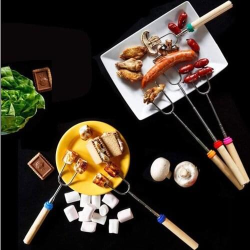 8 Pieces Roasting Forks Stick Stainless Steel Wooden Handle Telescoping Skewer As Grilling Tools For Home Kitchen BBQ Camping