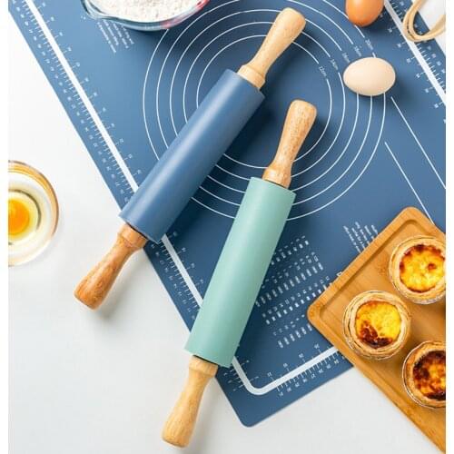 Non-Stick Silicone Rolling Pin Wooden Handle Pastry Dough Flour Roller Kitchen Cooking Baking Tool For Pasta Cookie Dough