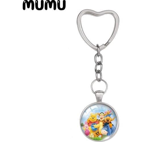 2021 New Winnie the Pooh Heart Keyring Piglet Keychain Glass Dome Cabochon Jewelry Gifts Children