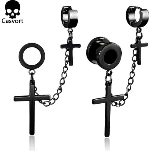 Casvort 2 PCS Religious Cross Ear Lobe Cartilage Earring Clip On Helix Linear Long Wrap Chain Ear Cuff Stud Earring