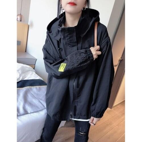 Black hooded short coat womens spring and autumn loose letter casual baseball suit top womens 2020 new style