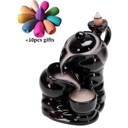 Teapot Shape Ceramic Smoke Backflow Incense Burner Waterfall Censer Room Holder Home Decor Ornaments + 10pcs Free Cones