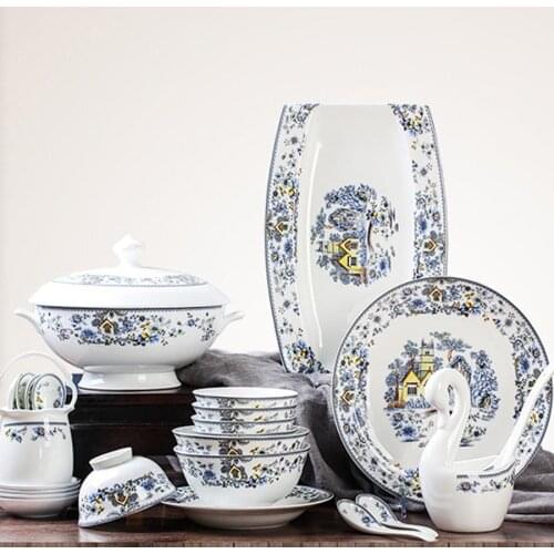 60 Heads jingdezhen ceramics Dinner Tableware Dishes Set chinese dishes Rice Bowl Salad Noodles Bowl Plate Dish Bowl Dinnerware