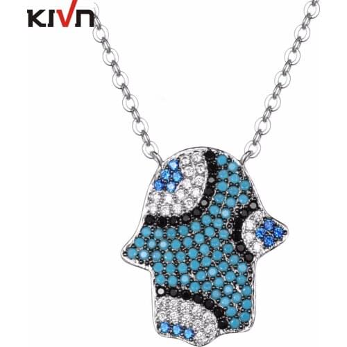 KIVN Fashion Jewelry CZ Cubic Zirconia Hamsa Turkish Blue eye Womens Girls Bridal Wedding Pendant Necklaces Birthday Gifts