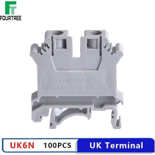 50PCS UK 6N Wire Terminal Blocks Universal Wiring Cable Row Connection Brass DIN Rail Screw Strips 6mm2 Wire 57A 690V