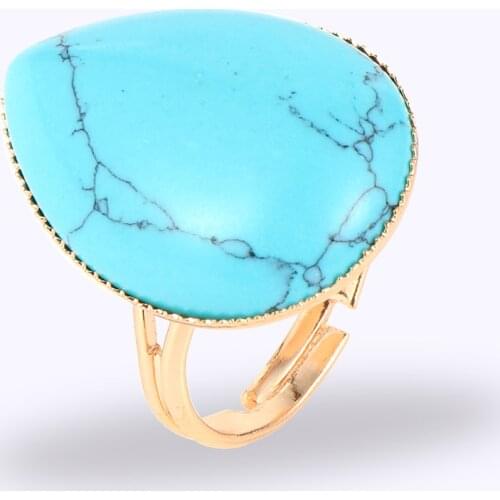 Women Men Natural Stone Turquoises Finger Rings Water Drop Gem Tiger Eye Crystal Onyx Copper Open Resizable Joint Ring Jewelry