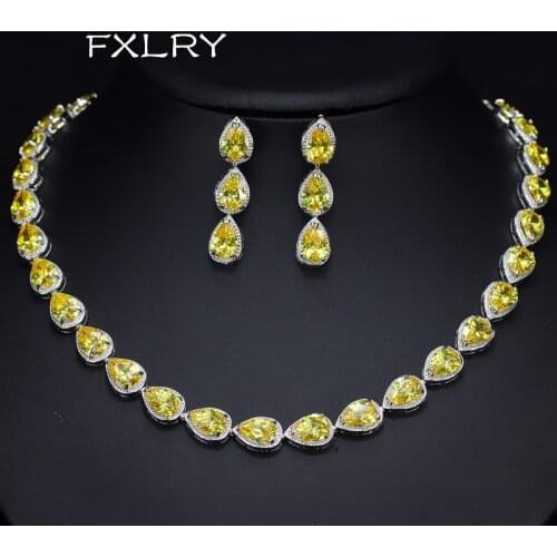FXLRY New Luxury Yellow Water Drop Cubic Zirconia Big Choker Necklace And Earring Set For Bridal Wedding Jewelry
