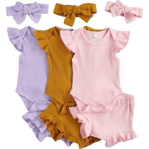 3pcs Newborn Infant Baby Girls Clothes Sets Cute Cotton Soft Solid Fly Sleeve Bodysuit Tops+Shorts+headband Outfits Suit