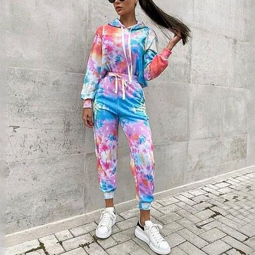 Women Tie dye Suit Casual O-neck Long Sleeve Hoodies And Elestic Waist Long Pants 2Pieces Sets High Street Tracksuit Autumn 2020