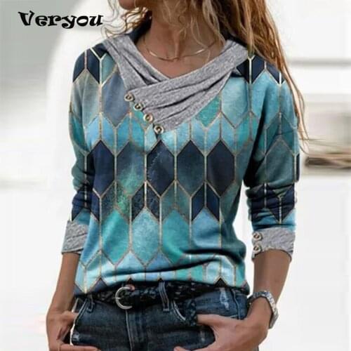 Fashion Vintage Geometric Women Shirt Ladies Spring Autumn Long Sleeve Women Tops Pullover Casual V-Neck Loose T Shirt Women Tee