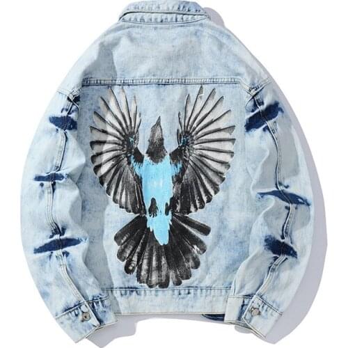 Mens Denim Jeans Jacket Eagle Printed Pockets Blazers Outwear Korean Style Punk Oversize Slim Fit New 2021