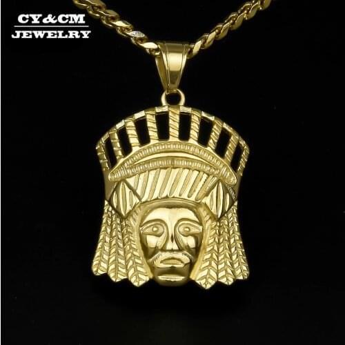 CY&CM Men Punk Stainless Steel Gold Color Iced Out 3D Hollow Out Indian Chief Head Pendant Cuban Chain HipHop Fashion Necklace