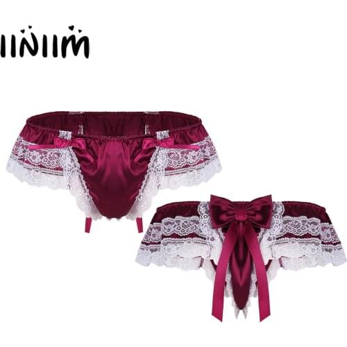 Mens Sexy Panties Shiny Lingerie Night Gay Sissy Underwear Layers Lace Back with Bowknot String Homme Thongs Underwear Underpant