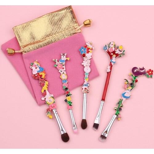 5pcs Cute Wonderland Makeup Brushes Set Kit Natural Horse Hair Eyeshadow Eyebrow Lip Brush Colorful Enamel Beauty Christmas Gift