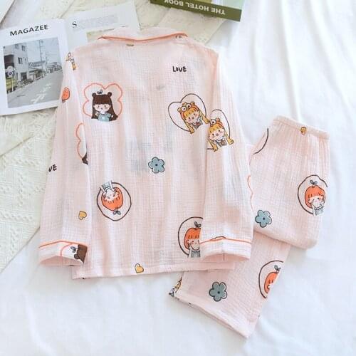 New Spring and Summer Ladies Cotton Double Layer Crepe Cloth Pajamas Cute Cartoon Long-sleeved Home Service Spring and Autumn