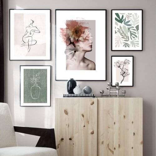 Magnolia Leaf Poster Green Linen Vase Decor Picture Modern Feminine Flowers Wall Art Canvas Painting For Living Room Home Decor