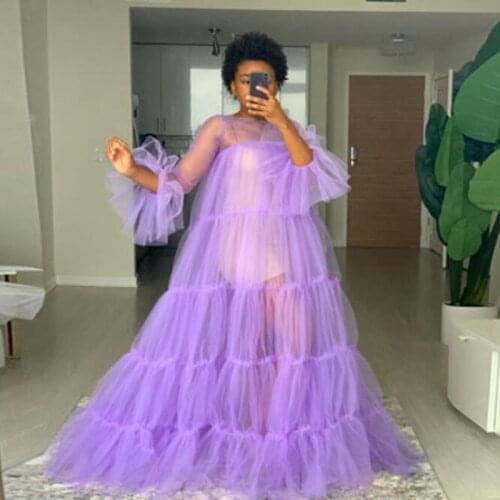 Lavender Tulle Ruffled Dress See Through Long Maternity Dresses for Photo Shoots Summer Sheer Robes Customized vestido de mujer