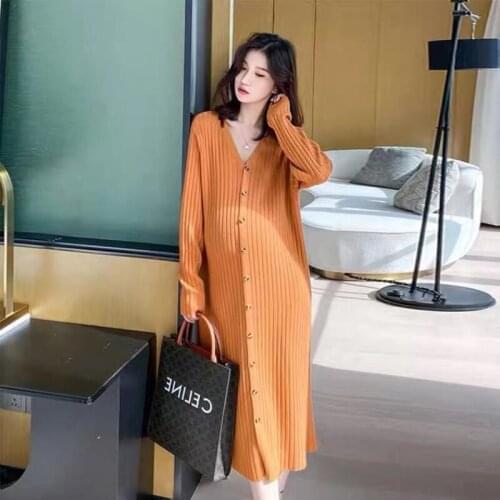 Maternity Dresses V Collar Pregnancy Dress Long Sleeve Sweater with Bottom Pregnancy Clothes Autumn Winter Clothes for Women