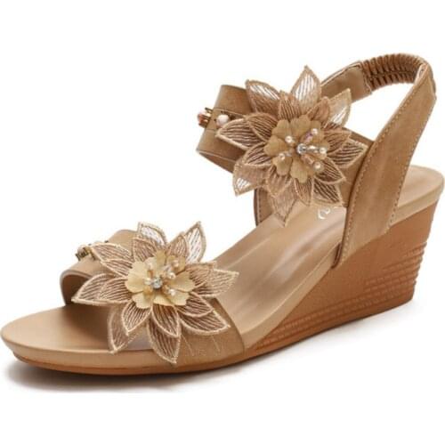 Vintage Ladies Shoes Summer Wedge Sandals Lace Flower Bohemia Sandals For Beach Women Shoes Casual Female Sandals 36-42 WSH4009