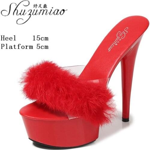Sexy Girl Outside Slippers Stripper Show Super High Heels Womens Shoes Party Club 15 CM Solid Color Platform Nightclub Stiletto