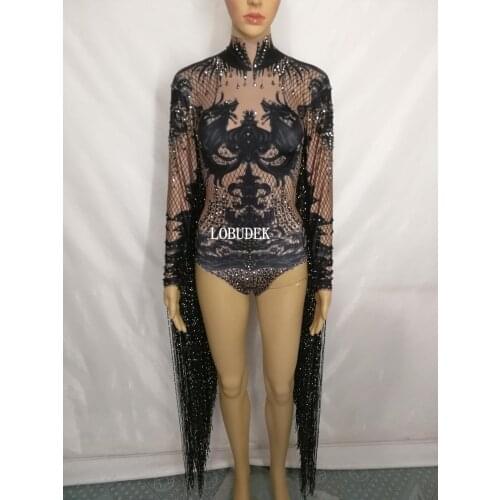 Sexy Nightclub Bar Concert Lady DJ Singer Dancer Costume Vintage Print Long Tassel Sleeve Rhinestones Bodysuit Black Stage Wear