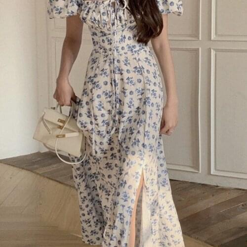 Chiffon O-neck Lace Floral Print Maxi Long Women Dress 2021 Summer Puff Sleeve Vestidos De Mujer Casual Elegant Boho Robe Femme