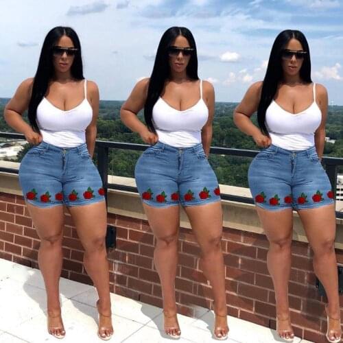 Dark Blue jean Shorts for Women Summer Fashion Rose Pattern High Waist Stretch Cotton Short Jeans Feminino Casual Denim Shorts